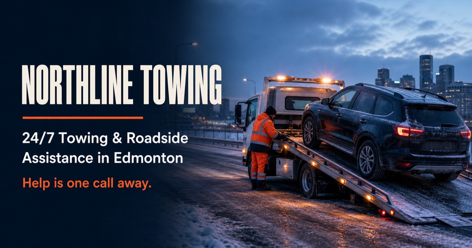 Flatbed tow truck helping an SUV on a snowy Edmonton road